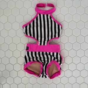 Black & White Stripe Cutout dancewear with Hot Pink Trim